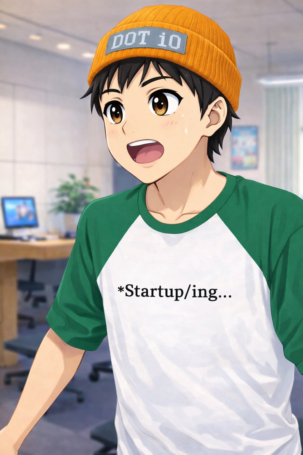 Braddo: Orange DOT iO beanie, green/white raglan; startup founder identity.