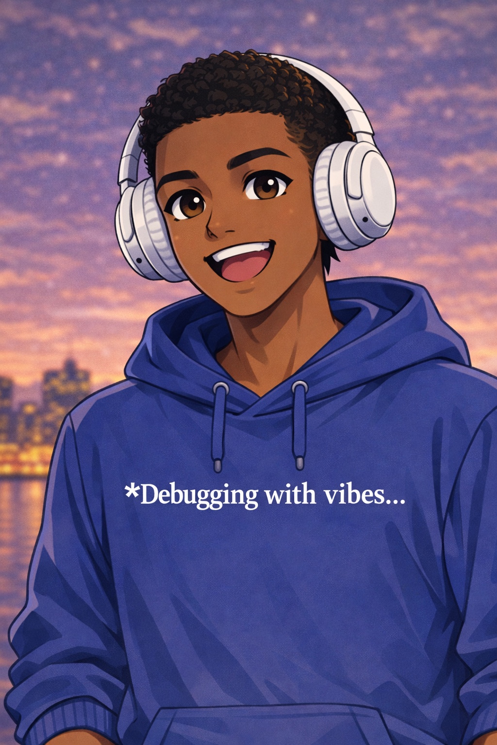 Teemo: Short curly dark hair, large white headphones, blue hoodie; debugging-with-vibes identity.