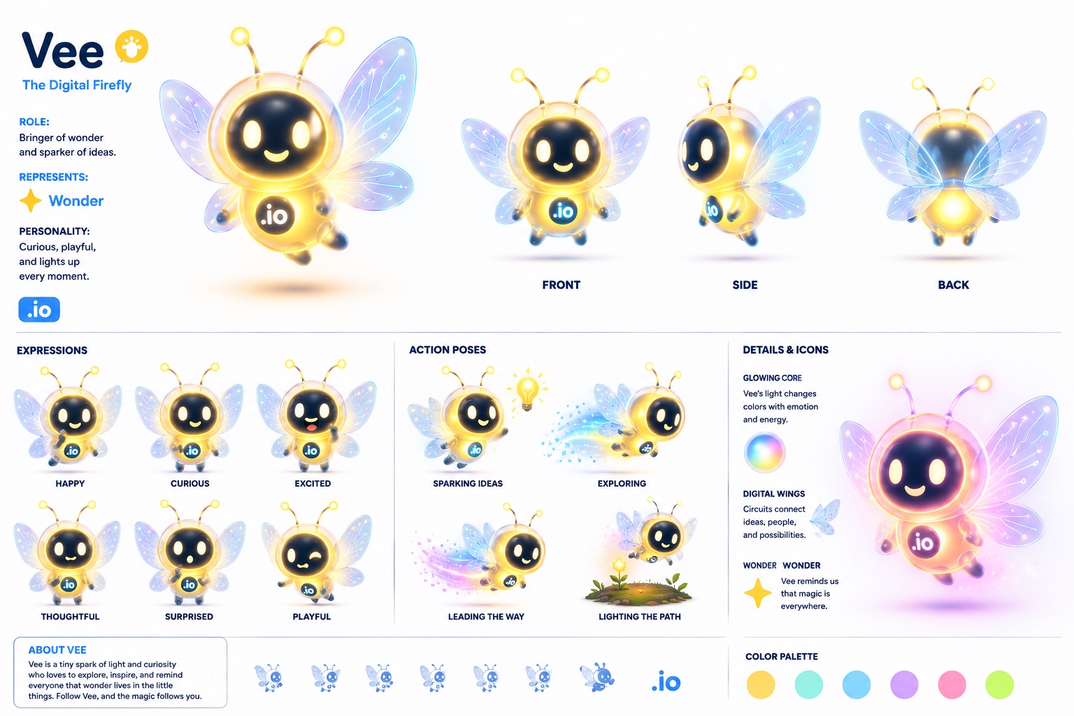 Vee: Translucent golden firefly, dark smiling face, antennae, translucent blue/lilac circuit wings and .io core.