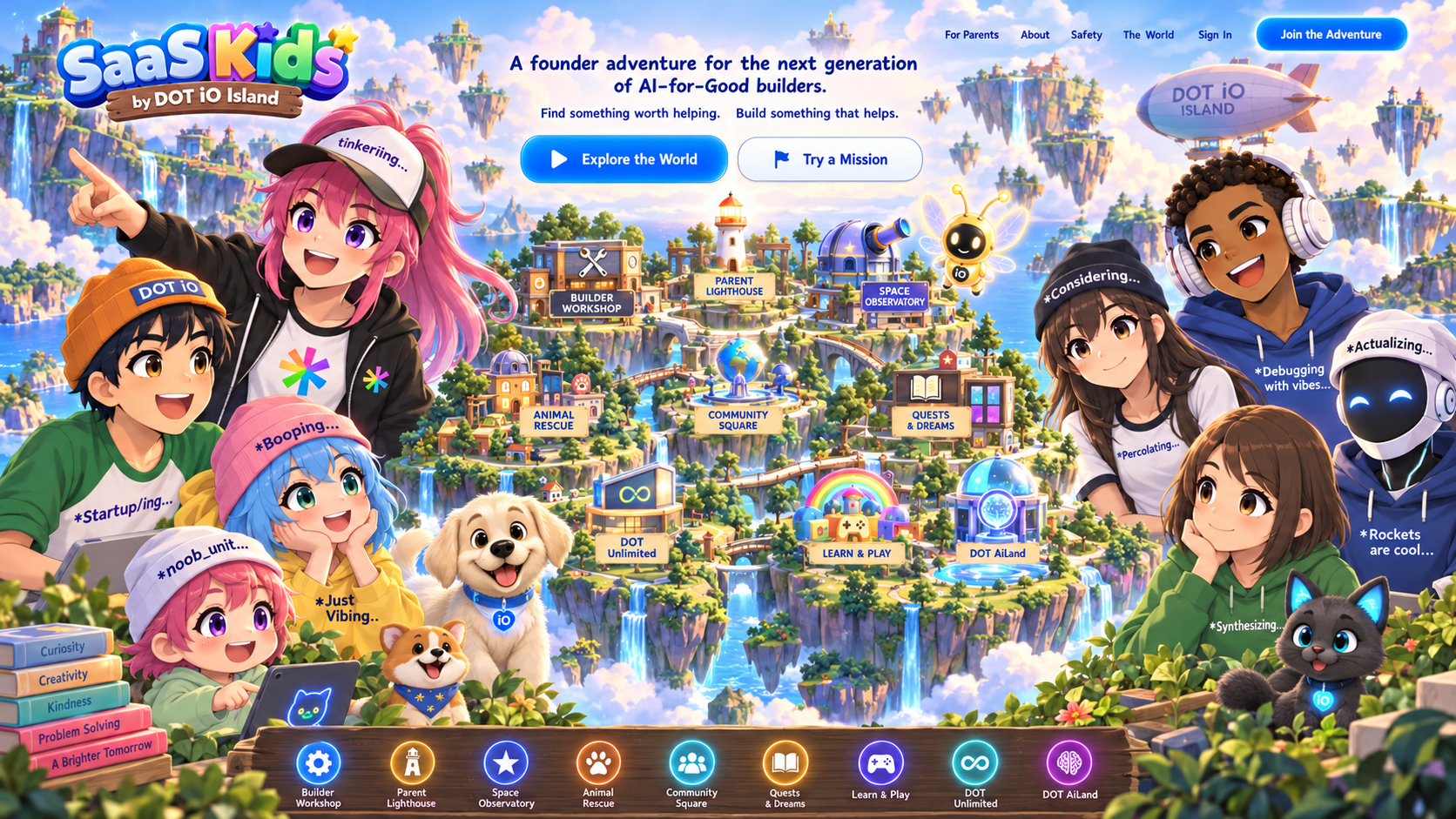 SaaS Kids ensemble surrounding DOT iO Island, with Sam on the left, Otto on the right, companions and the nine world destinations. Owner-supplied illustrative landing artwork.